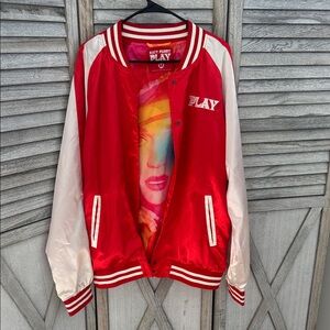 Katy Perry Collections Red and White Satin Play Varsity Bomber Jacket